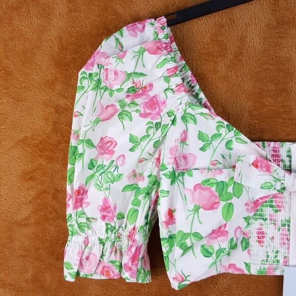 HILL HOUSE Womens Top Medium White Floral Crop Smocked THE ISABELLA Pink Roses - Picture 2 of 9